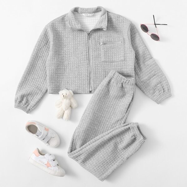 

Girls Zip Pocket Front Quilted Jacket & Pants Set, Light grey