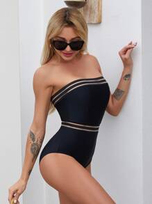 Mesh Trim Bandeau One Piece Swimsuit, For Summer Beach Vacation - Black - View 5