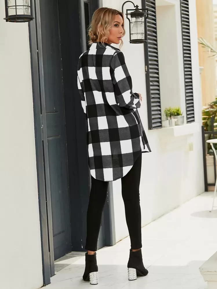 SHEIN LUNE Blouse à volant à imprimé vichy, manches longues - Noir et Blanc - Voir 4