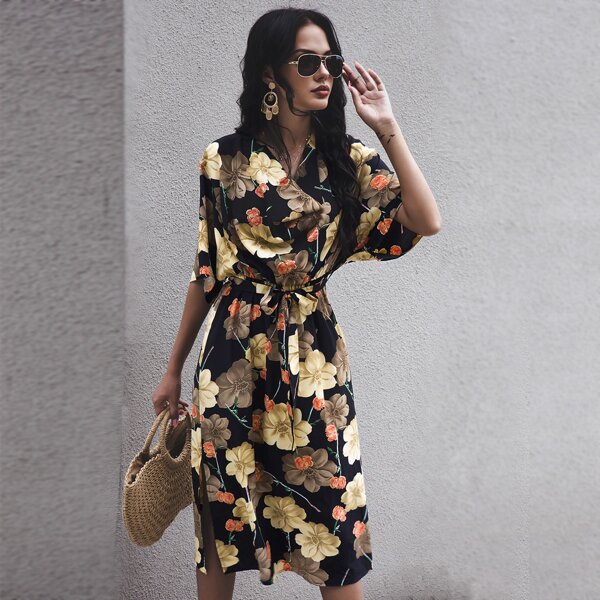 

Floral Print Cowl Neck Slit Hem Belted Dress, Multicolor