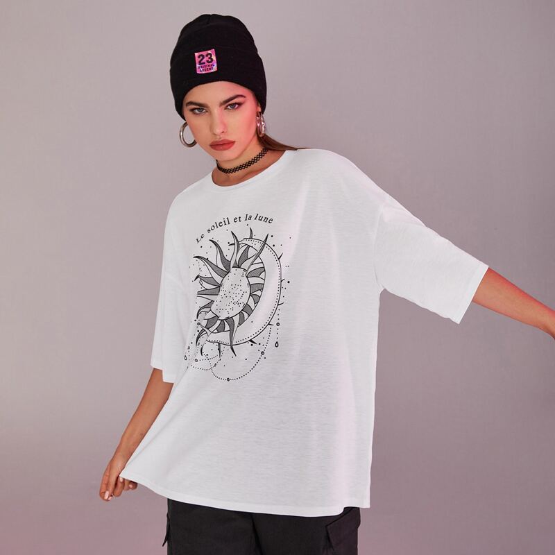 

Sun & Moon Graphic Oversized Tee, White