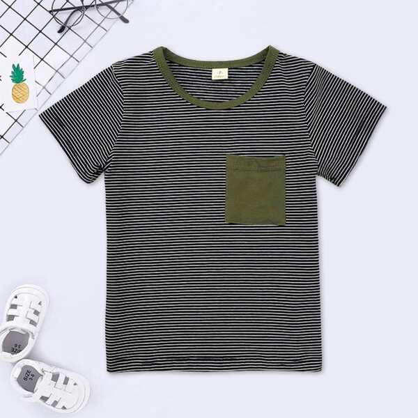 

Toddler Boys Striped Pocket Patched Tee, Black and white