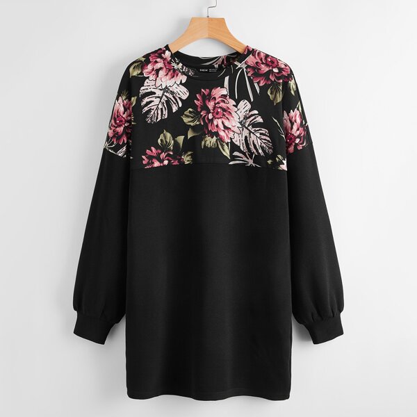 

Drop Shoulder Floral Print Dress, Black