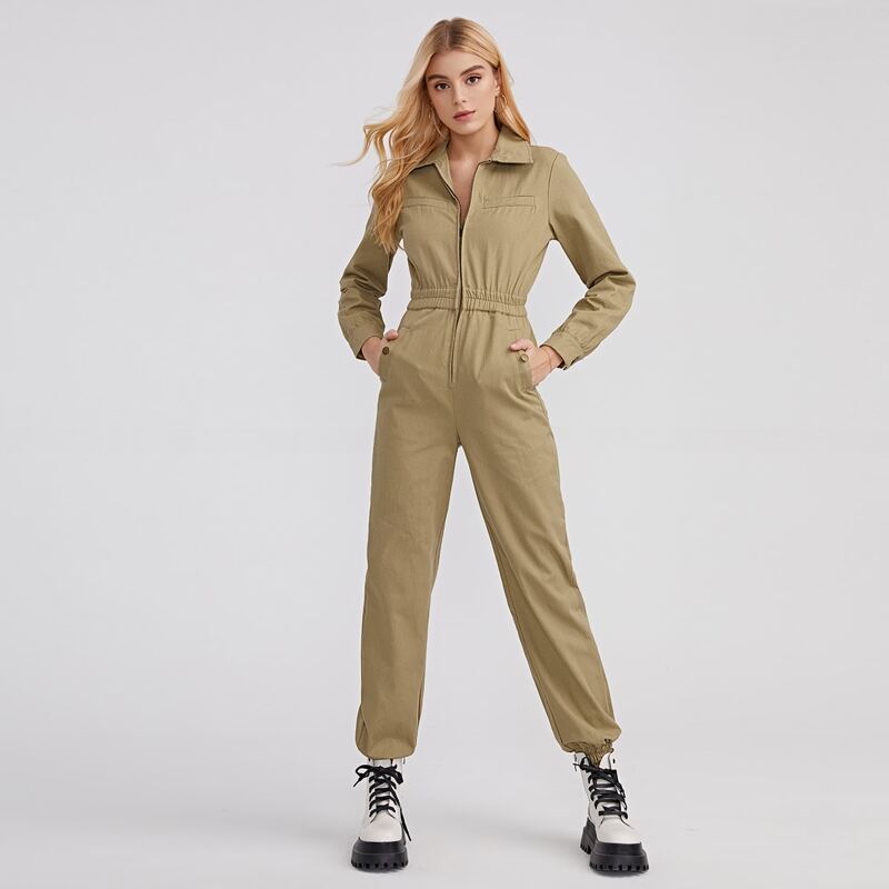 

Zip Front Slant Pocket Denim Jumpsuit, Khaki
