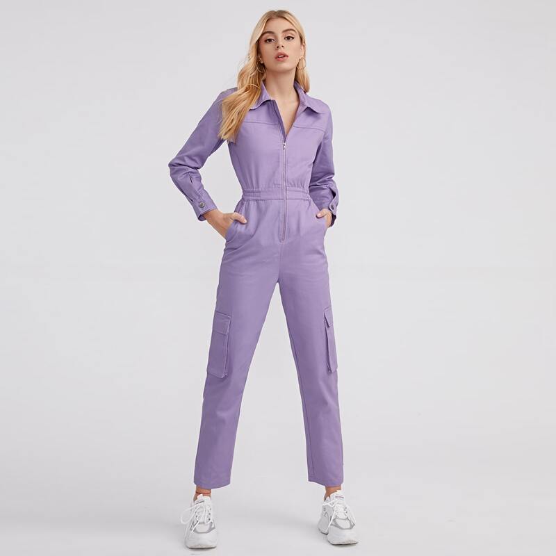 

Zip Front Flap Pocket Denim Jumpsuit, Lilac purple