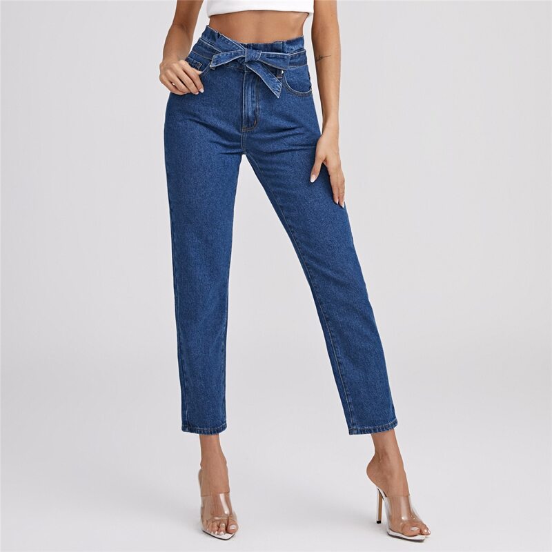 

High-Waisted Paperbag Waist Belted Straight Jeans, Dark wash