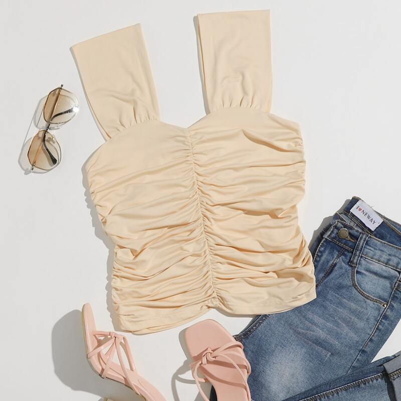 

Crop Ruched Slim Tank Top, Apricot