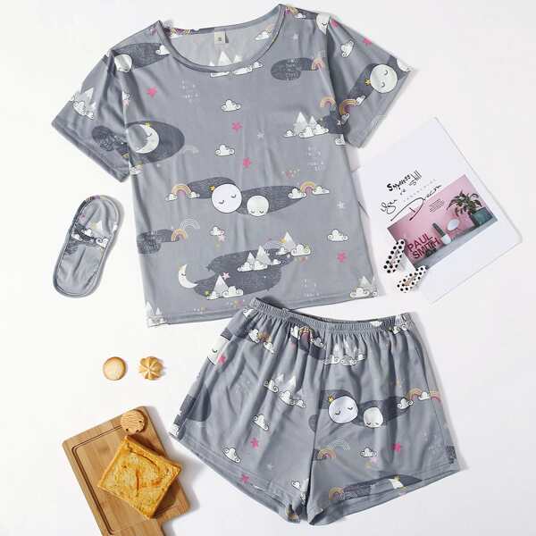 

Cartoon And Letter Graphic Pajama Set With Eye Cover, Grey