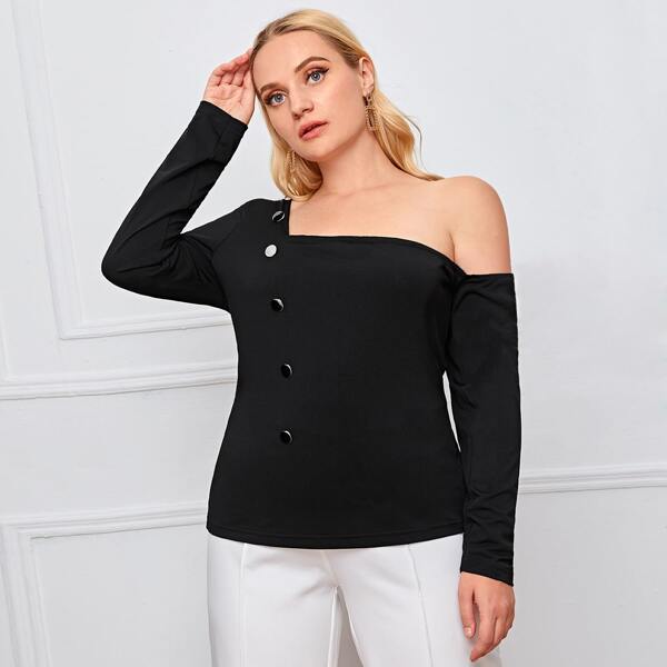 

Plus Asymmetrical Neck Button Front Tee, Black