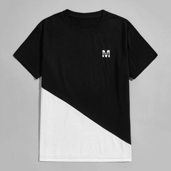 

Men Contrast Panel Letter Graphic Tee, Black