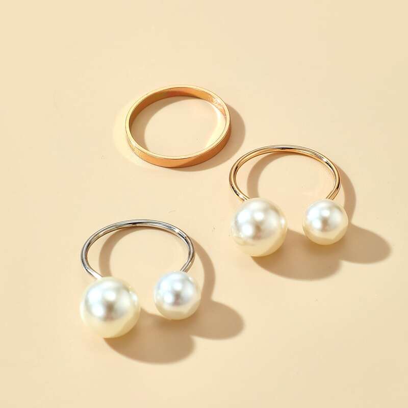 

3pcs Faux Pearl Cuff Ring, White