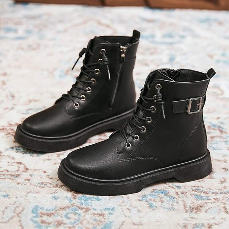 

Buckle Decor Lace-up Combat Boots, Black