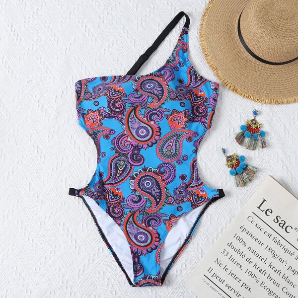 

Paisley Print One Shoulder One Piece Swimsuit, Multicolor