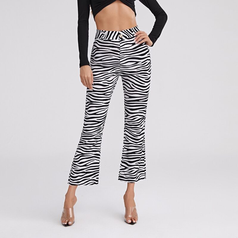 

High Waist Zebra Striped Flare Leg Pants, Black and white
