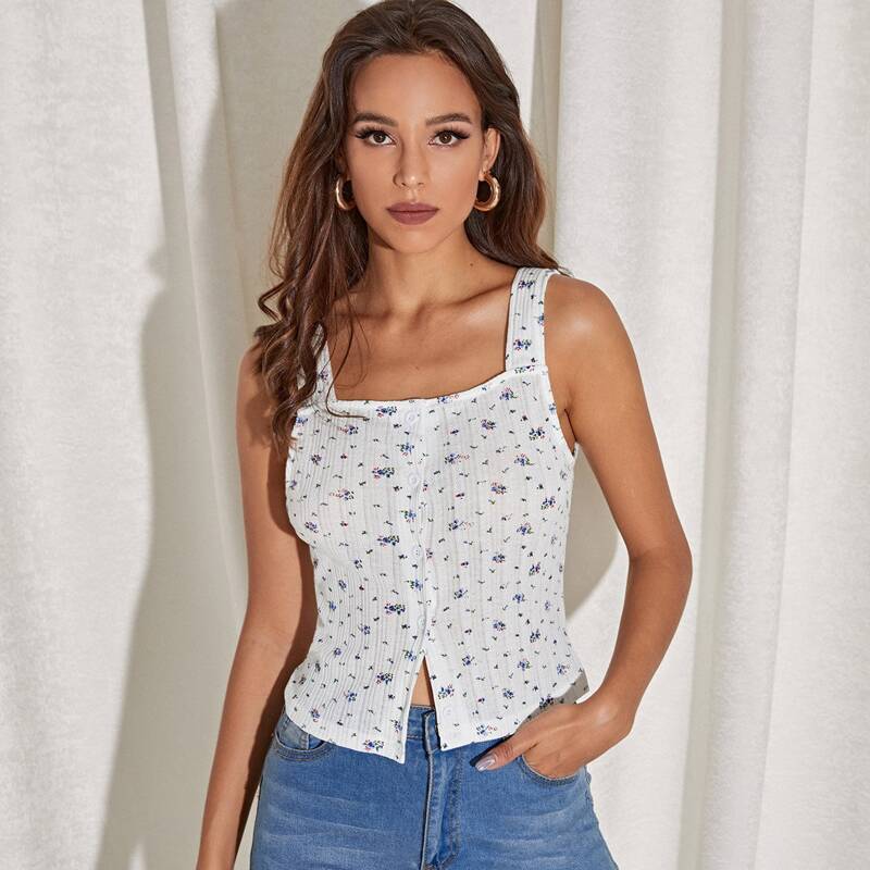 

Button Front Ditsy Floral Tank Top, White