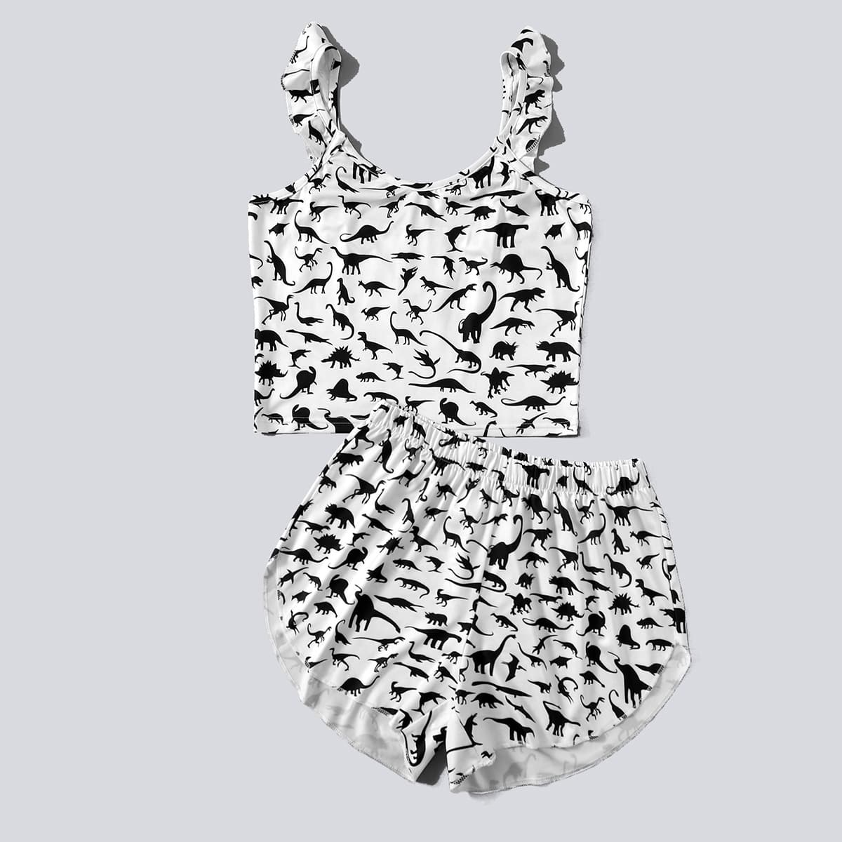 

Dinosaur Print Frill Trim PJ Set, Black and white