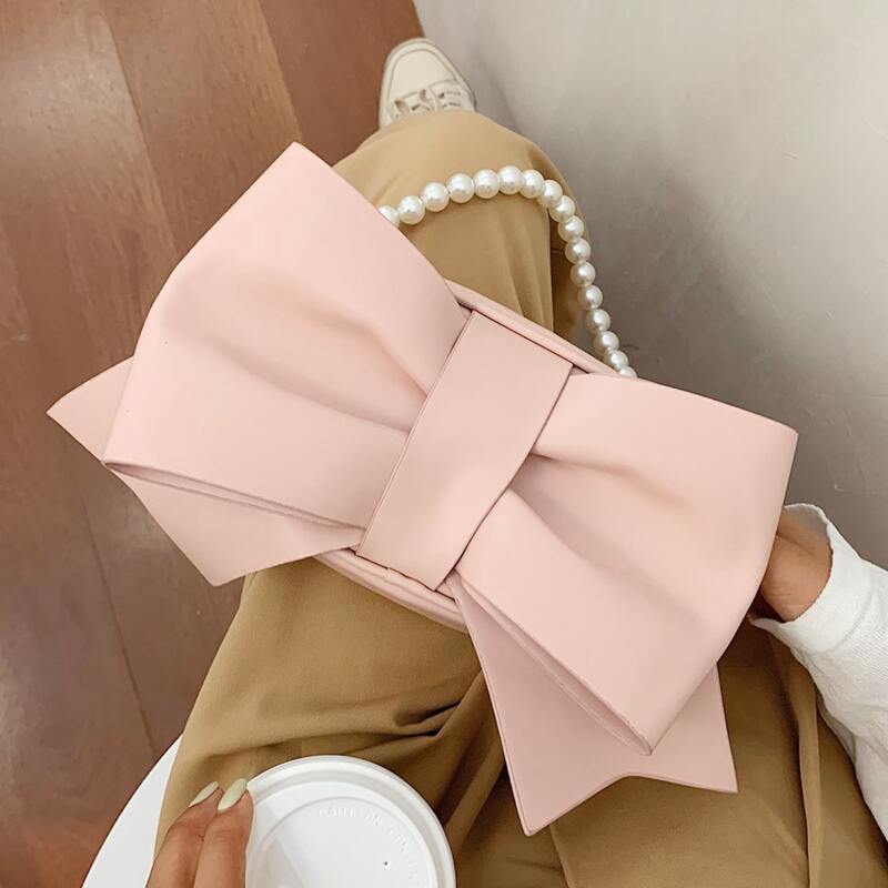 

Bow Decor Faux Pearl Handle Satchel Bag, Pastel baby pink