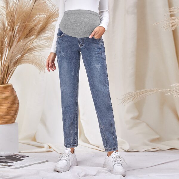 

Maternity Wide Waistband Mom Jeans, Light wash