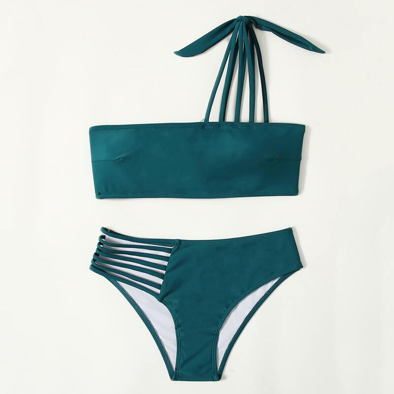 

Cut Out One Shoulder Bikini Swimsuit, Teal blue