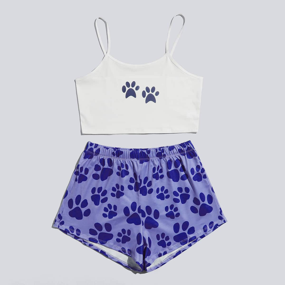 

Cartoon Paw Print Shorts PJ Set, Blue and white
