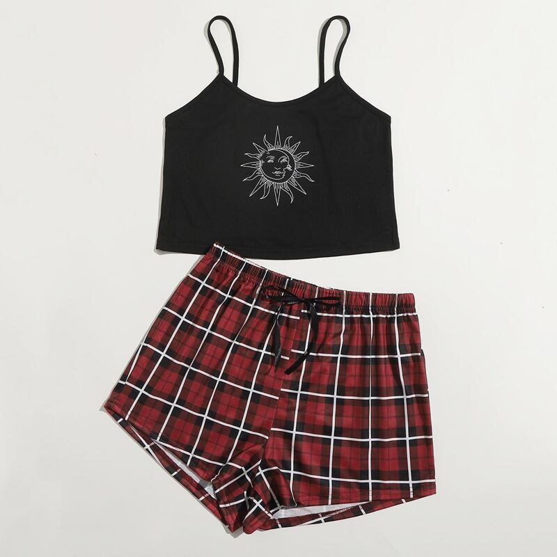 

Sun Graphic Cami & Plaid Shorts PJ Set, Black