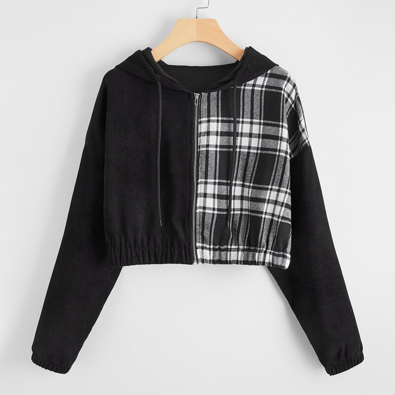 

Contrast Plaid Zip Up Corduroy Drawstring Jacket, Black and white