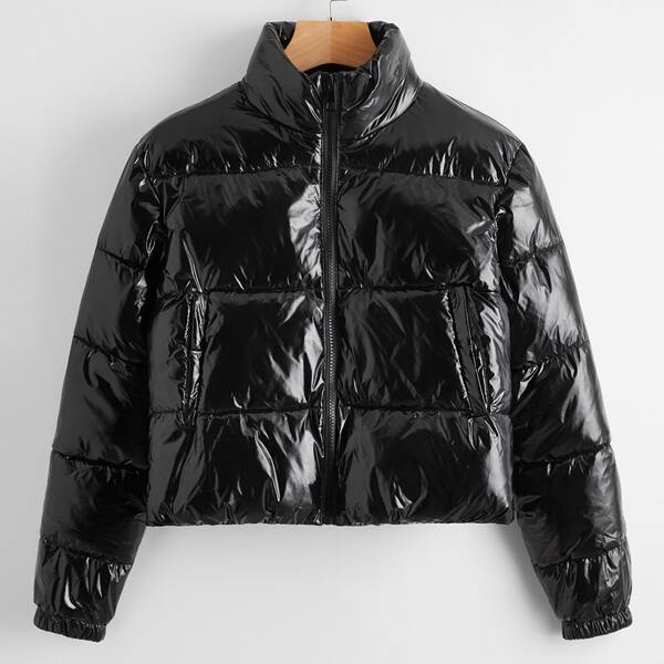 

Solid Zip Up Puffer Jacket, Black