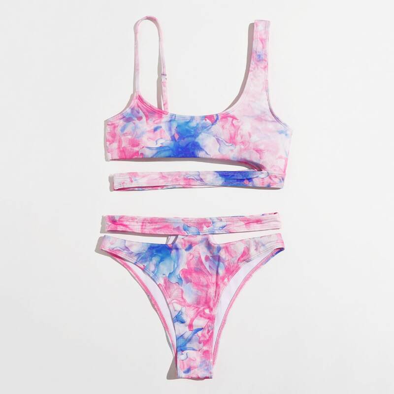 

Tie Dye Asymmetric Neck Bikini Swimsuit, Multicolor
