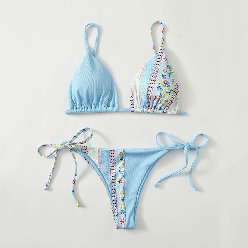 

Floral Spliced Tie Side Bikini Swimsuit, Baby blue