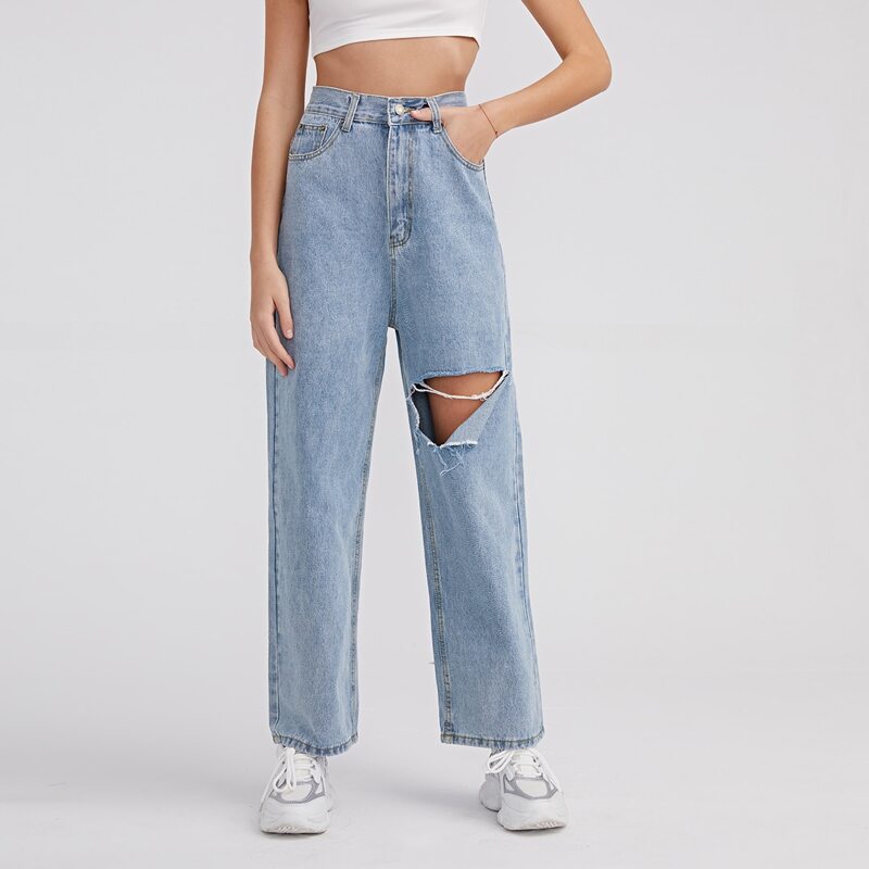 

High Waist Ripped Wide Leg Jeans, Light wash