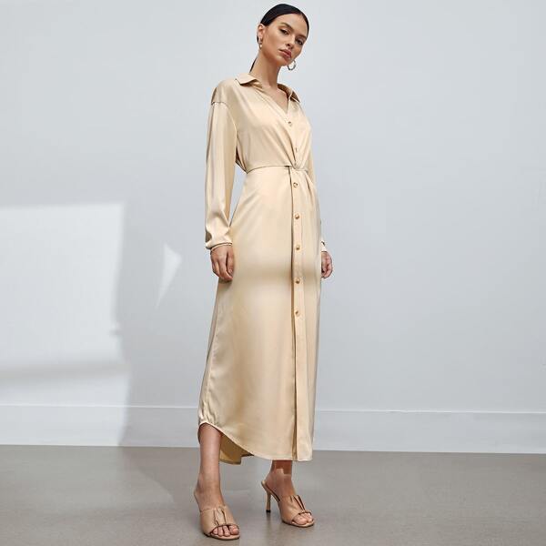 

Drop Shoulder Button Front Shirt Dress, Khaki