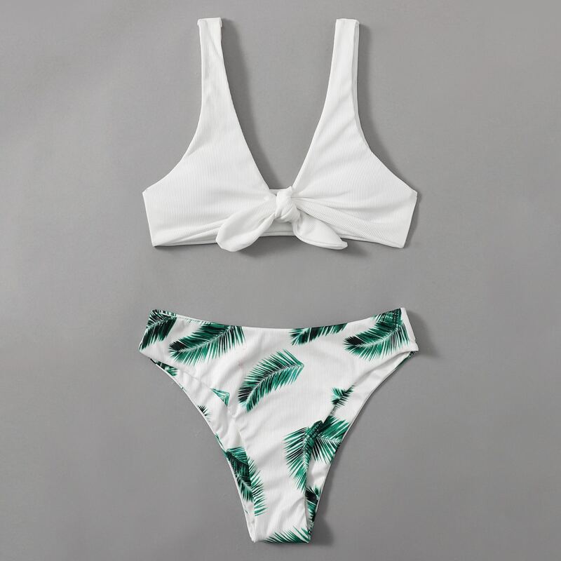 

Tropical Leaf Knot Front Bikini Swimsuit, Multicolor