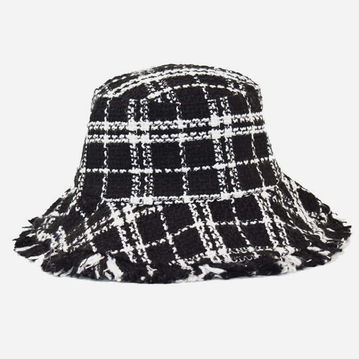

Fringe Trim Tweed Plaid Hat, Black and white