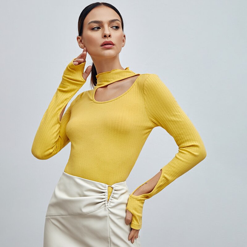 

Asymmetrical Neck Thumb Hole Tee, Yellow