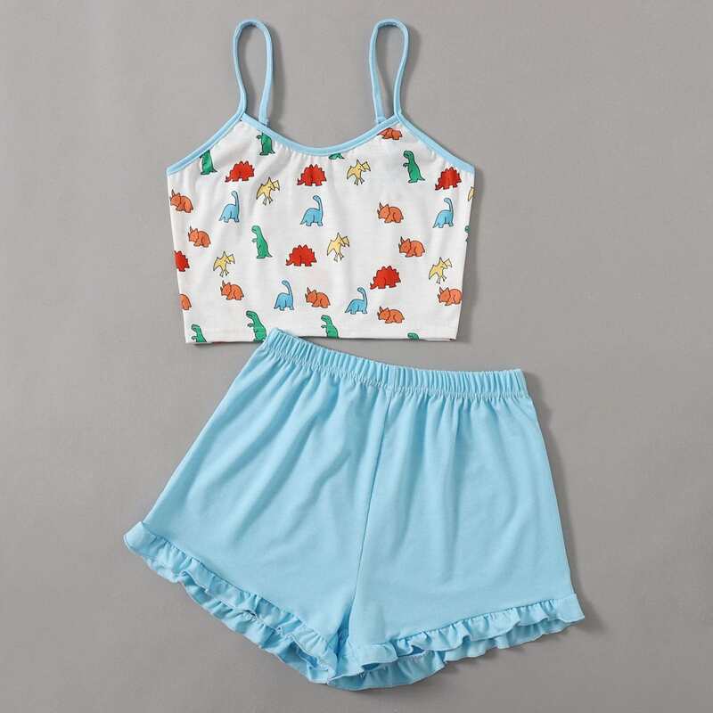 

Cartoon Print Shorts PJ Set, Multicolor