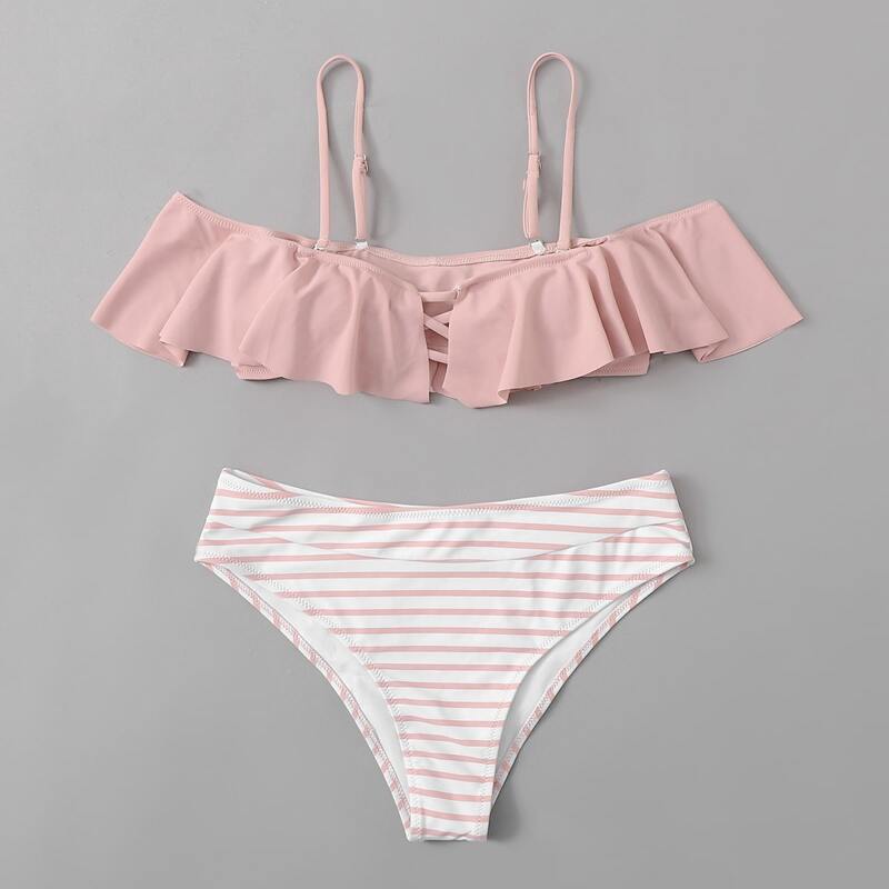 

Stripe Ruffle Trim Bikini Swimsuit, Dusty pink