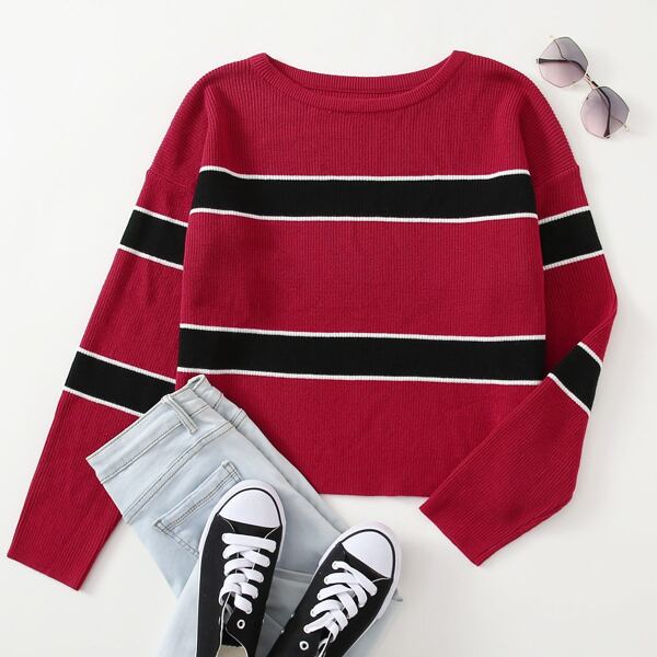 

Drop Shoulder Colorblock Sweater, Rose red