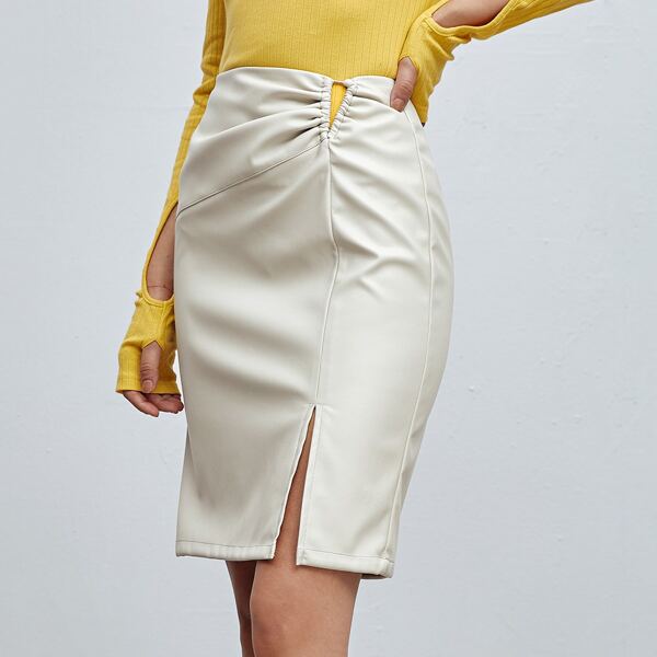 

Split Hem Ring Detail PU Skirt, Beige
