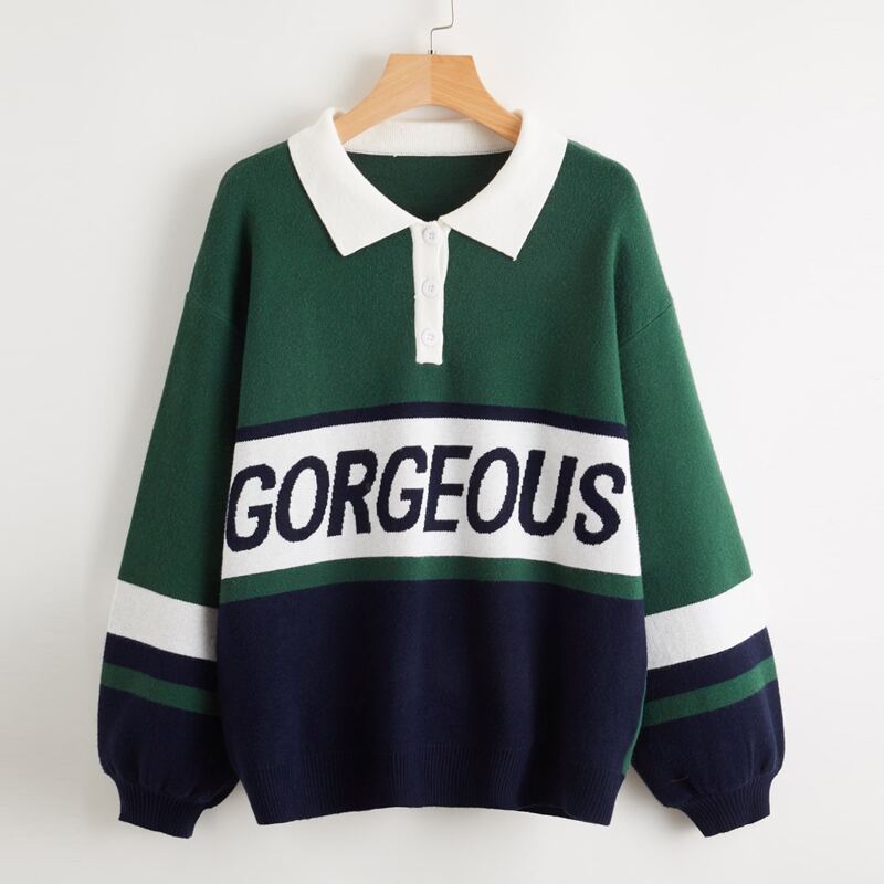 

Half Button Letter Pattern Colorblock Sweater, Multicolor