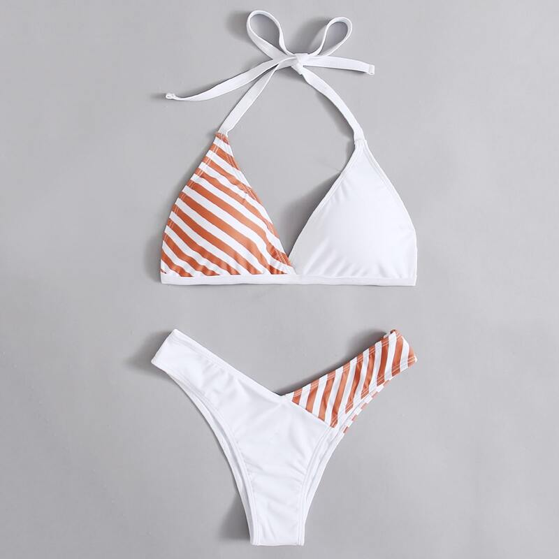 

Stripe Colorblock High Leg Bikini Swimsuit, Multicolor