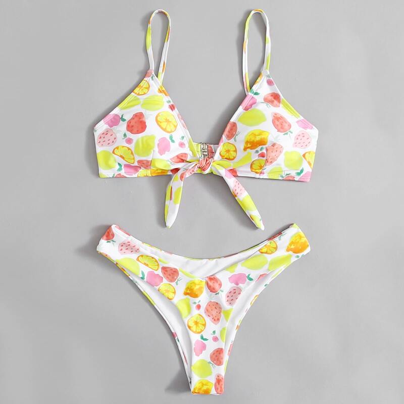 

Fruit Pattern Knot Bikini Swimsuit, Multicolor