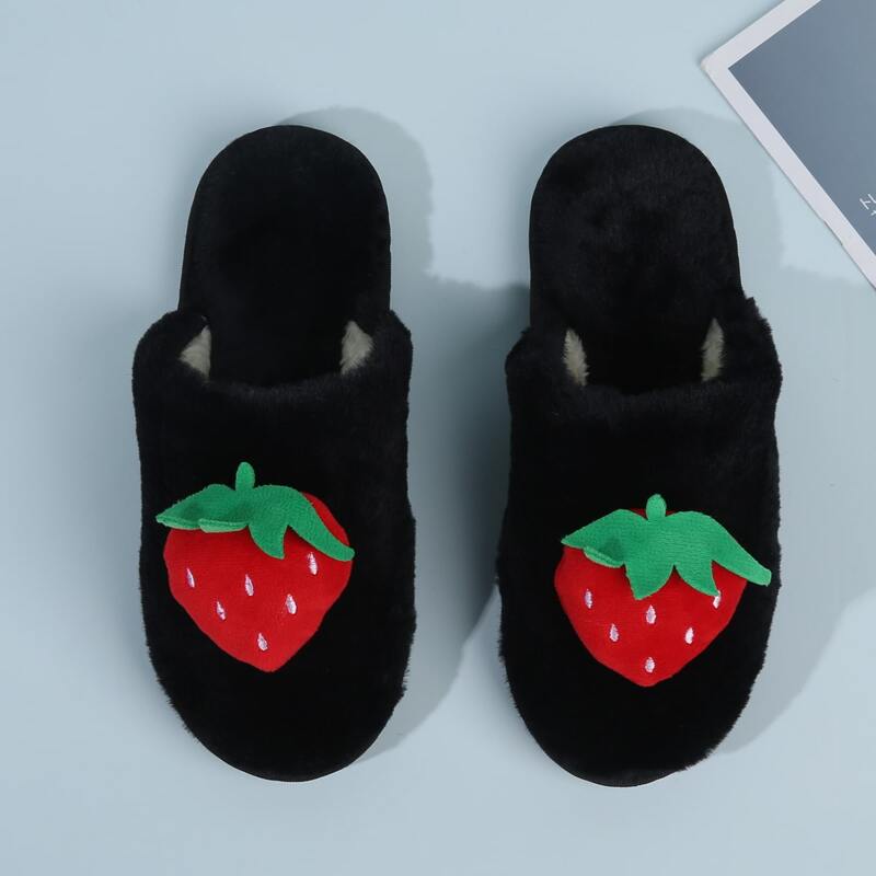 

Strawberry Decor Fluffy Slippers, Black