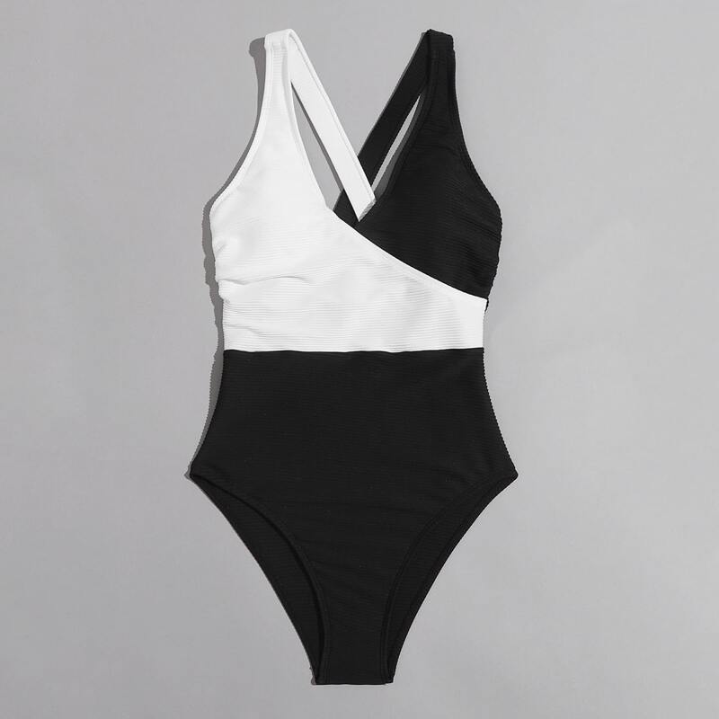 

Colorblock Crisscross One Piece Swimsuit, Black and white