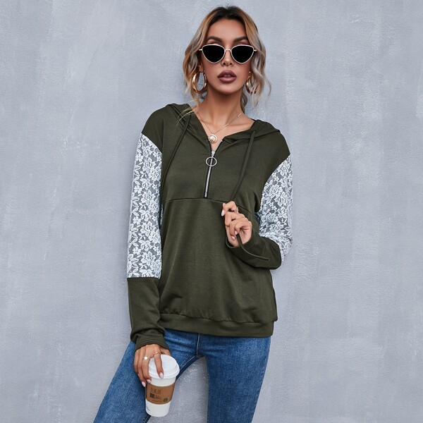 

Lace Panel O-ring Zip Half Placket Drawstring Hoodie, Army green