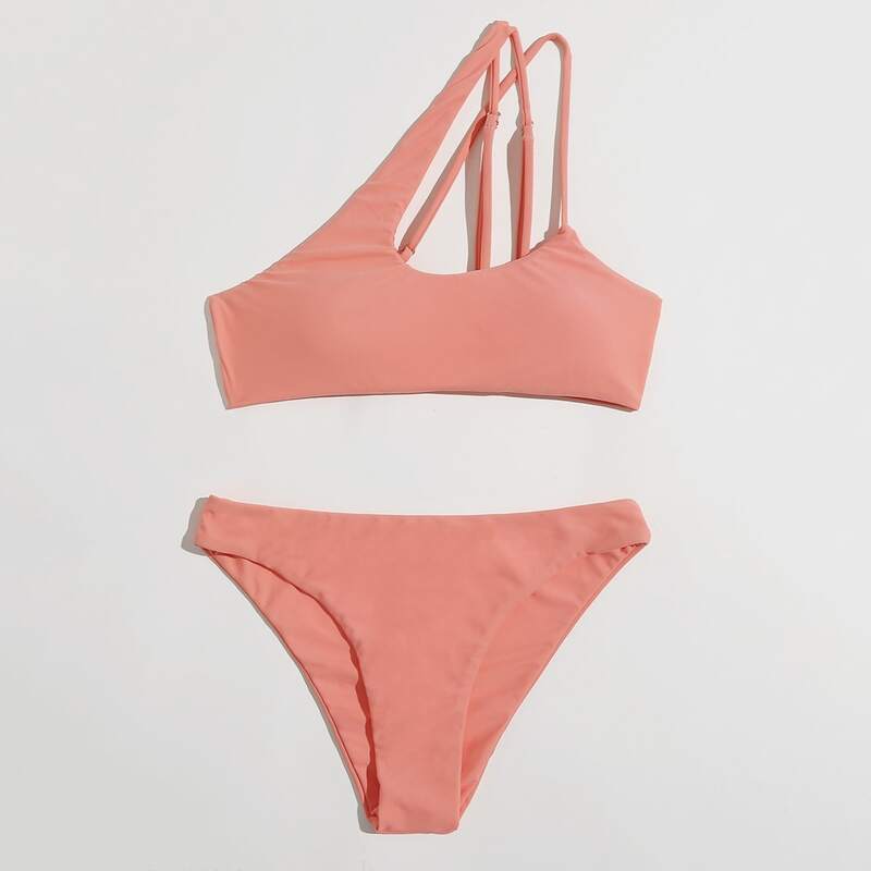

Solid One Shoulder Bikini Swimsuit, Coral orange