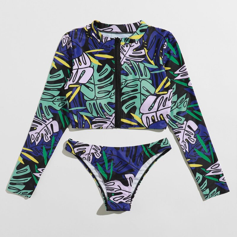 

Tropical Leaf Zip Front Bikini Swimsuit, Multicolor