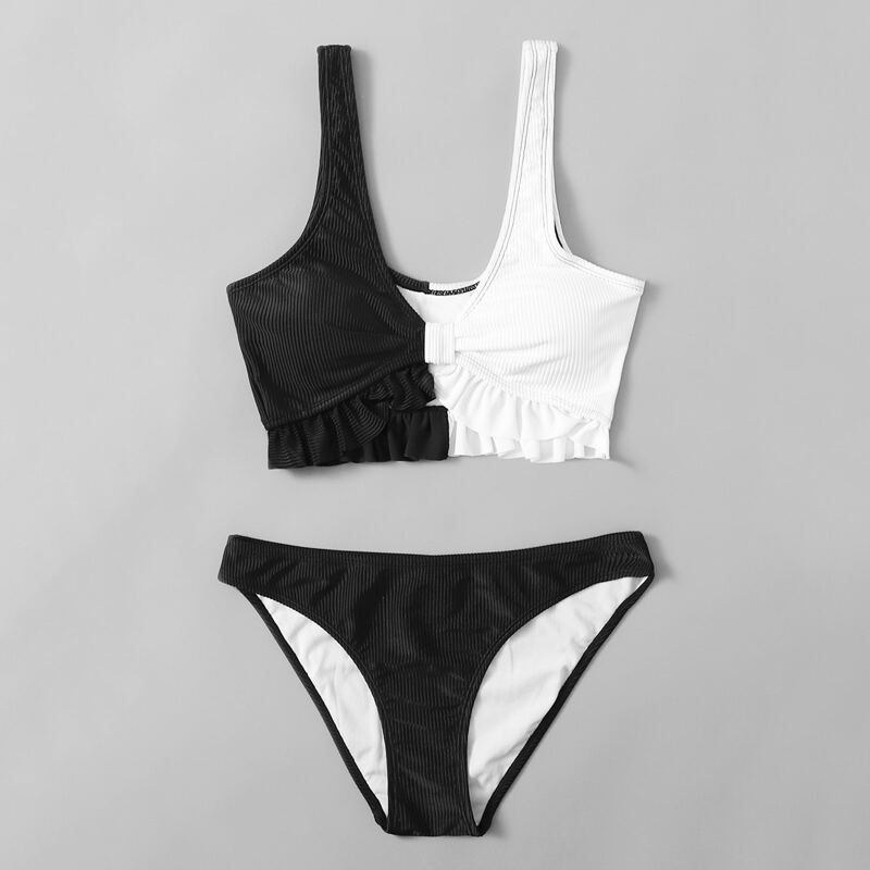 

Colorblock Frill Trim Bikini Swimsuit, Black and white