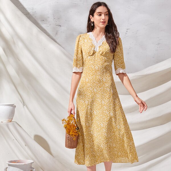 

Ditsy Floral Contrast Lace Puff Sleeve Dress, Yellow