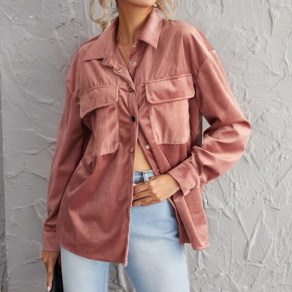 

Button Front Patch Pocket Velvet Top, Dusty pink