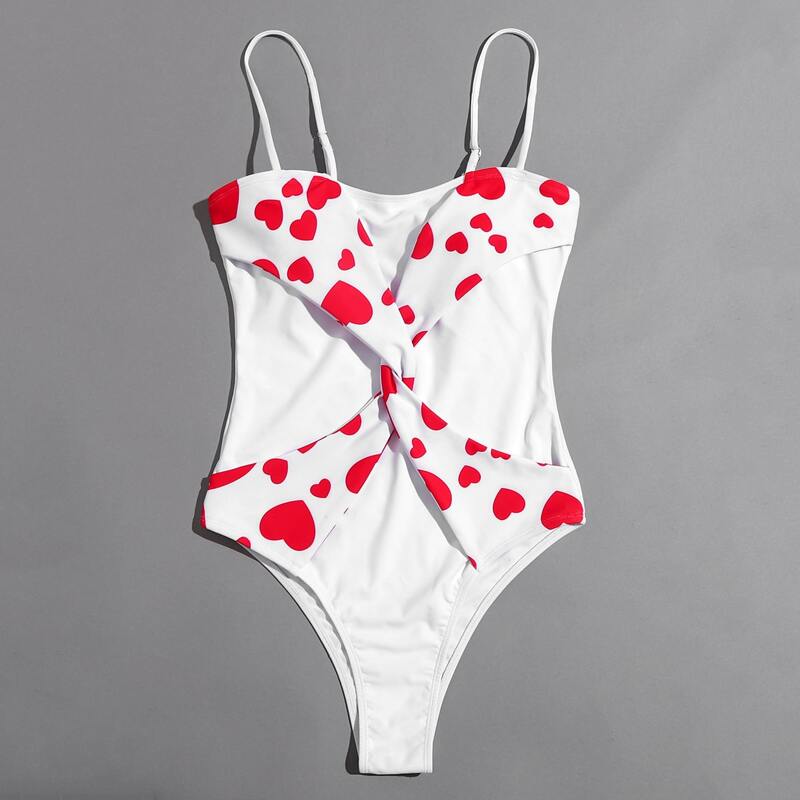 

Heart Print Twist One Piece Swimsuit, White